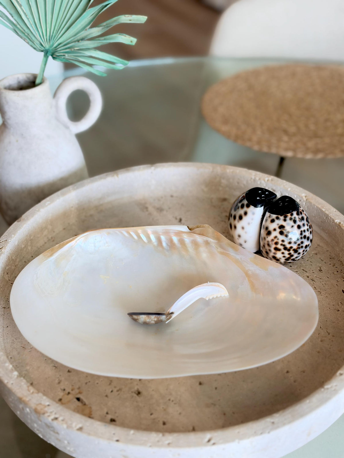 Handcrafted Mother of Pearl Clam Dish & Cowrie Shell Spoon Set, Coastal Décor Gift