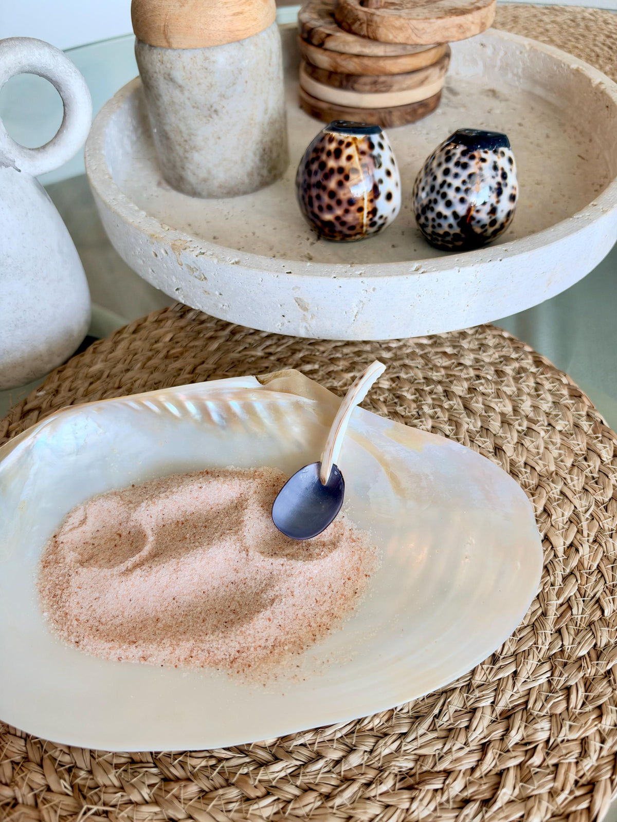 Handcrafted Mother of Pearl Clam Dish & Cowrie Shell Spoon Set, Coastal Décor Gift