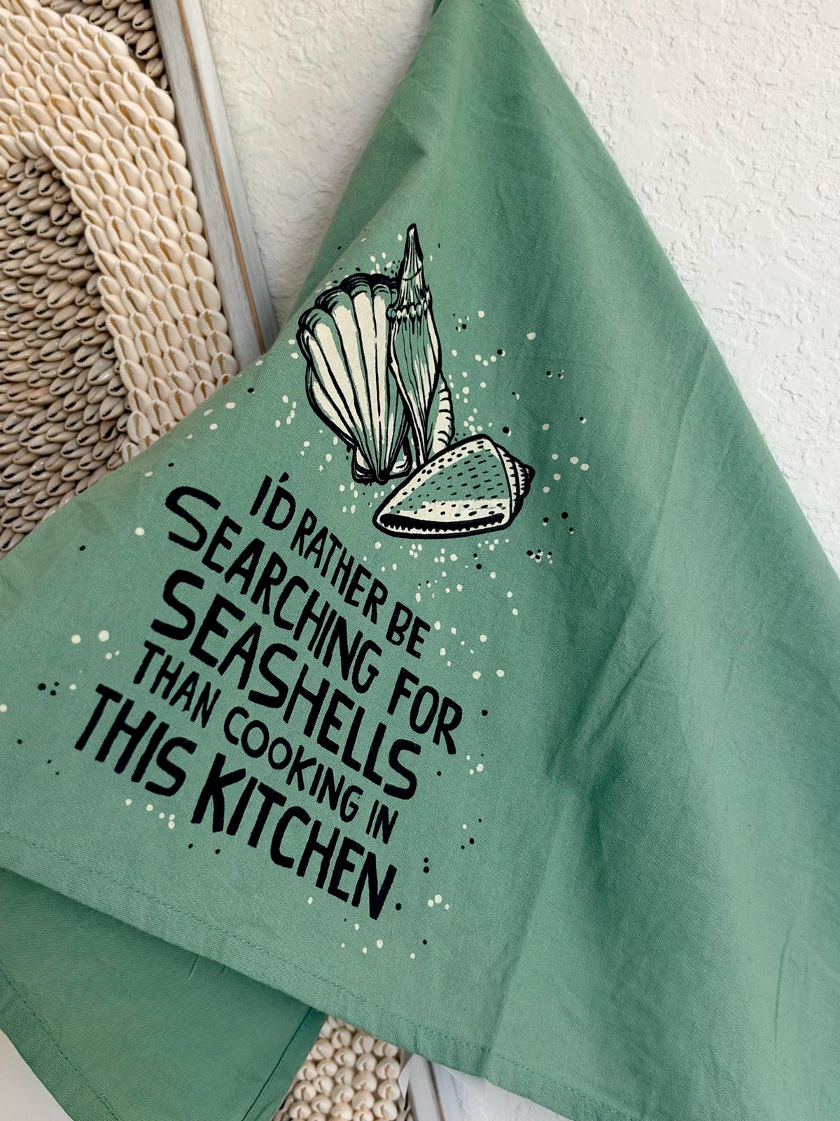 I'd Rather Be Searching For Seashells, Cotton Tea Towel Coastal Kitchen Décor Gift