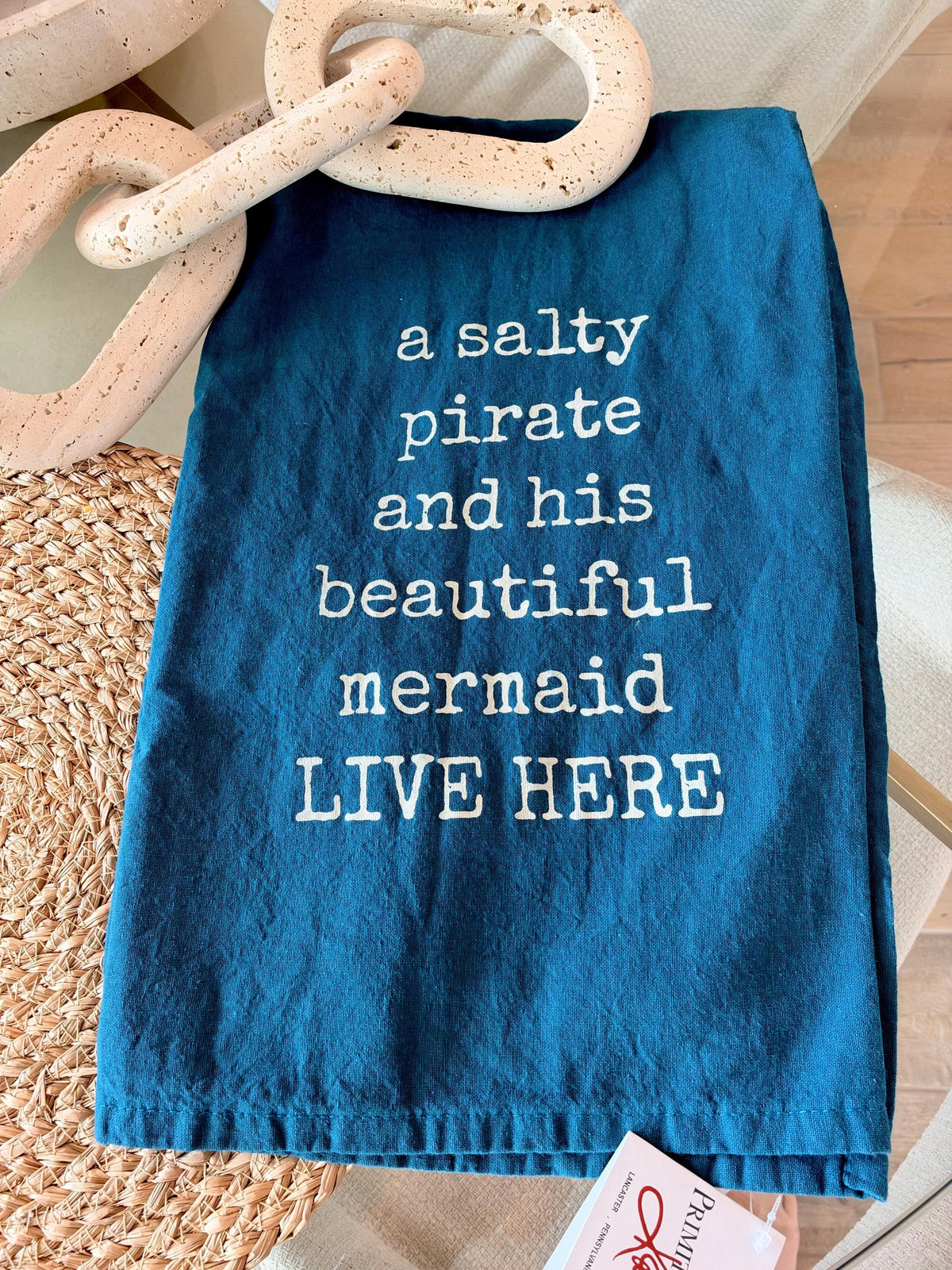 Salty Pirate and His Mermaid , Cotton Tea Towel Coastal Kitchen Décor Gift