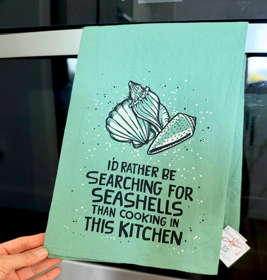 I'd Rather Be Searching For Seashells, Cotton Tea Towel Coastal Kitchen Décor Gift