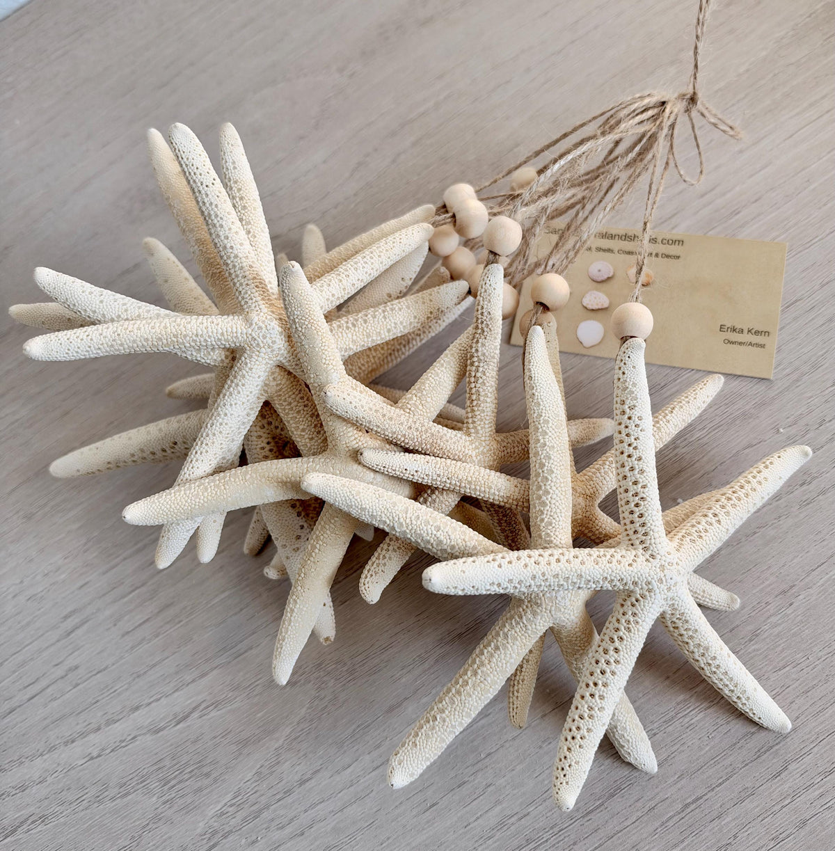 Handmade White Pencil Starfish Ornaments: Set of 6, Natural Seashell Christmas Tree Decoration