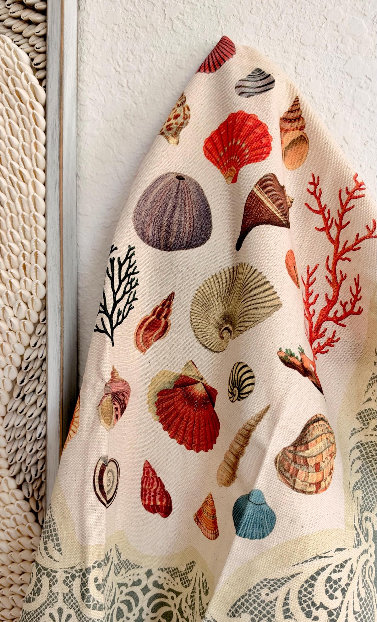 Vintage Seashell Specimens of the Sea, Organic Cotton Tea Towel Coastal Kitchen Décor