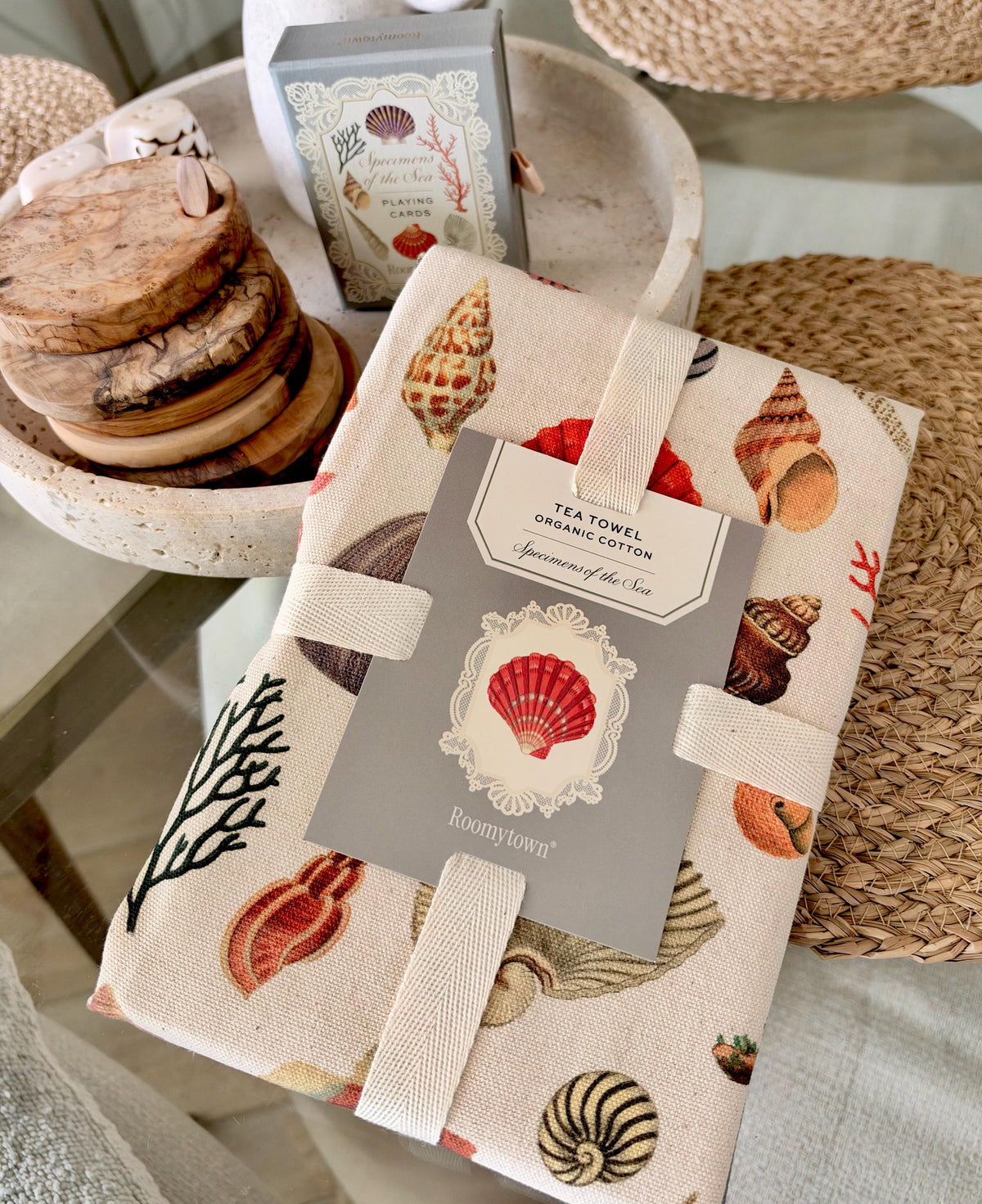 Vintage Seashell Specimens of the Sea, Organic Cotton Tea Towel Coastal Kitchen Décor