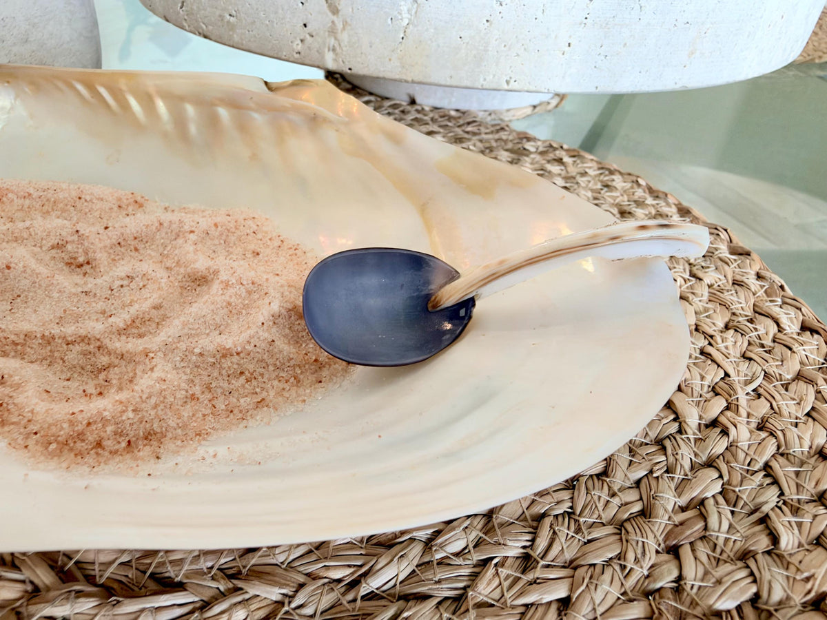 Handcrafted Mother of Pearl Clam Dish & Cowrie Shell Spoon Set, Coastal Décor Gift