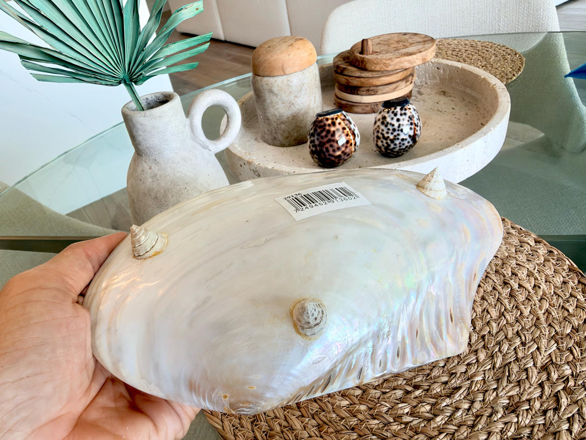 Handcrafted Mother of Pearl Clam Dish & Cowrie Shell Spoon Set, Coastal Décor Gift