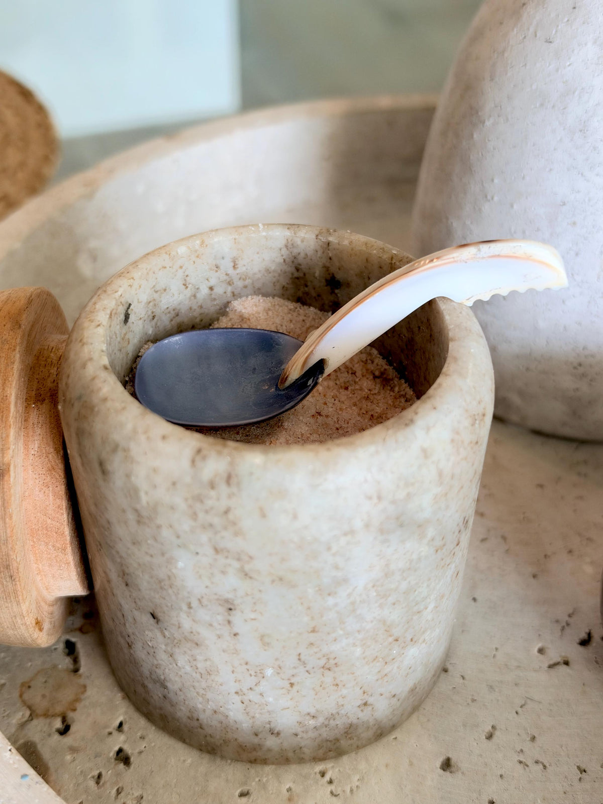 Handcrafted Mother of Pearl Clam Dish & Cowrie Shell Spoon Set, Coastal Décor Gift