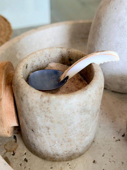 Handcrafted Mother of Pearl Clam Dish & Cowrie Shell Spoon Set, Coastal Décor Gift
