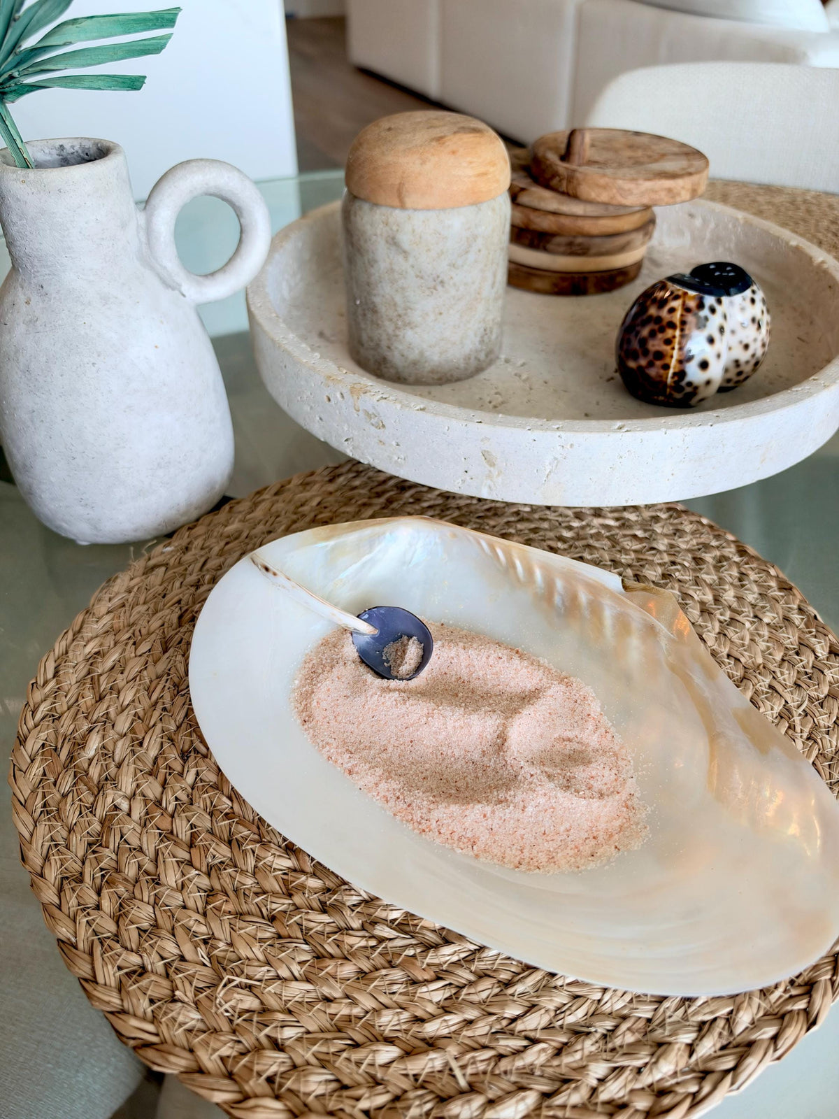Handcrafted Mother of Pearl Clam Dish & Cowrie Shell Spoon Set, Coastal Décor Gift