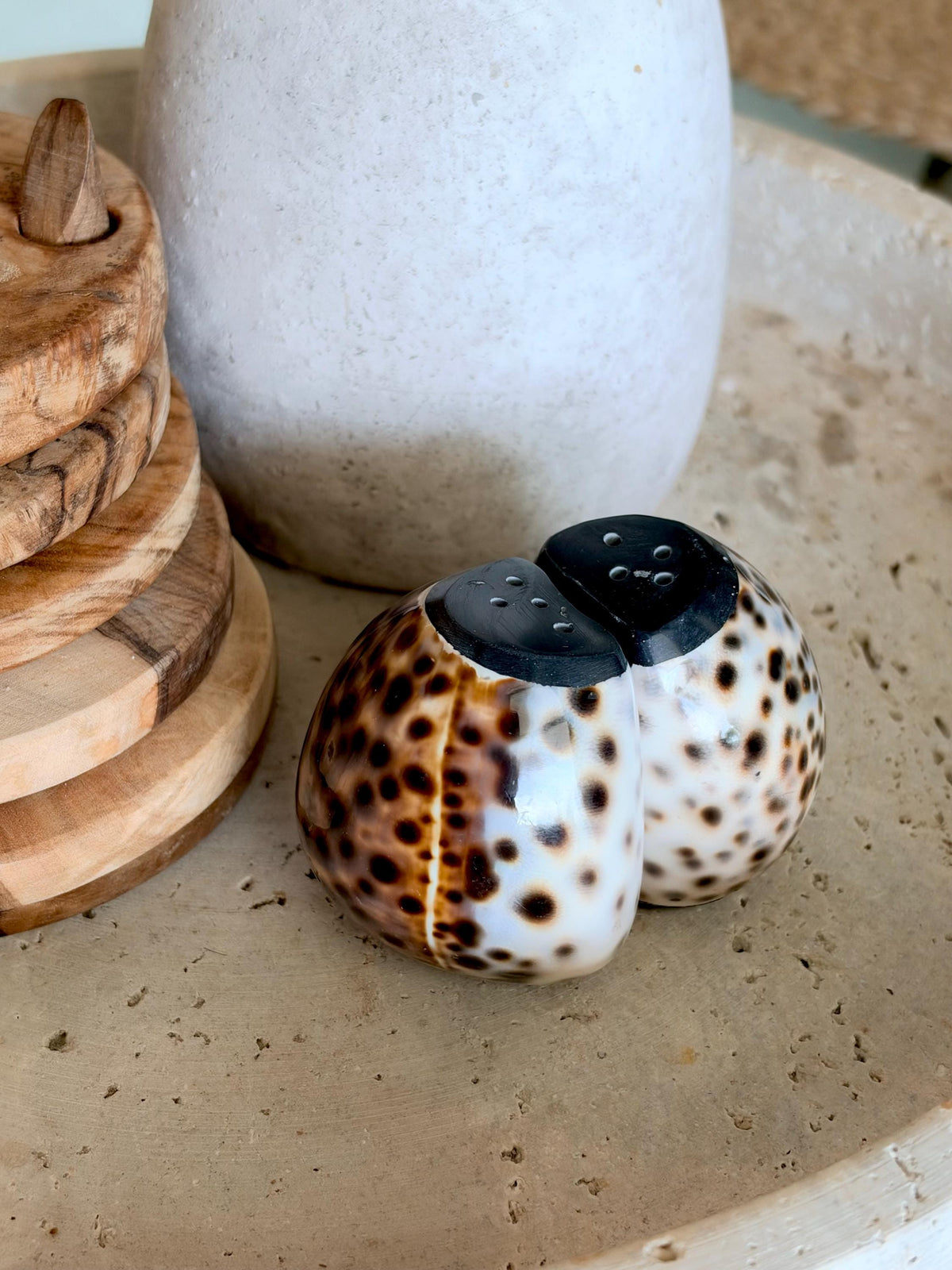Handcrafted Cowrie Shell Salt And Pepper Shakers Set, Organic Modern Coastal Décor Gift