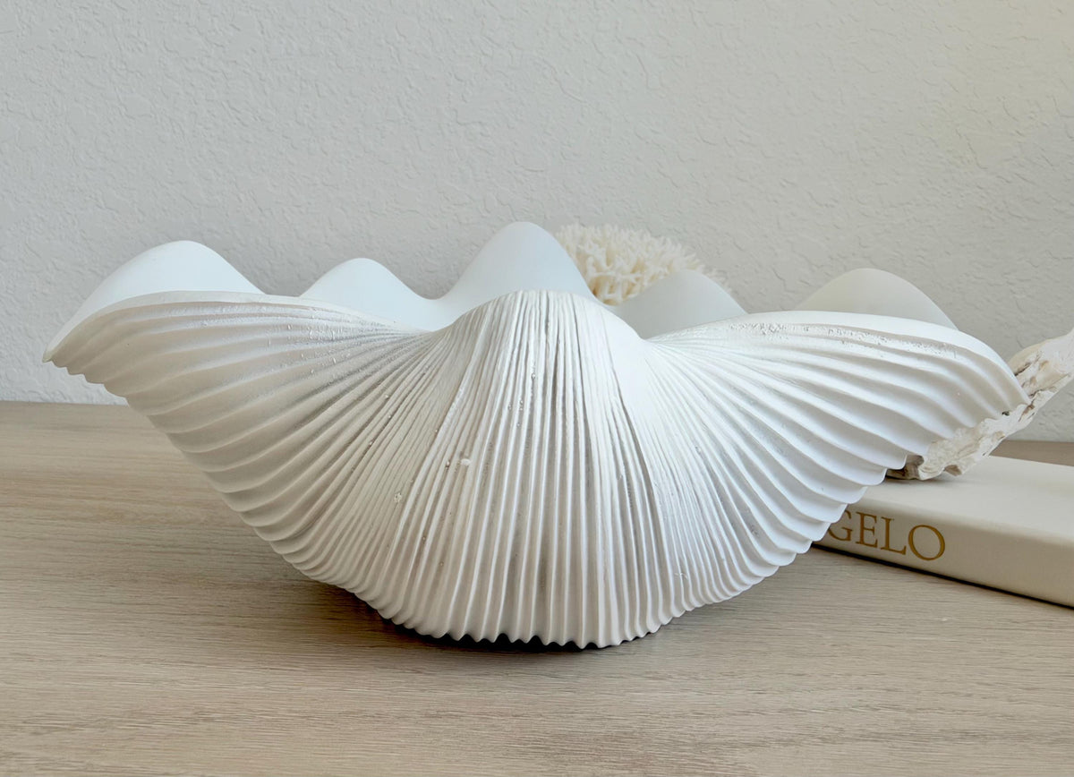 Custom Color Decorative Clam Shell Bowl, 10.5" White or Aged Oyster Grey