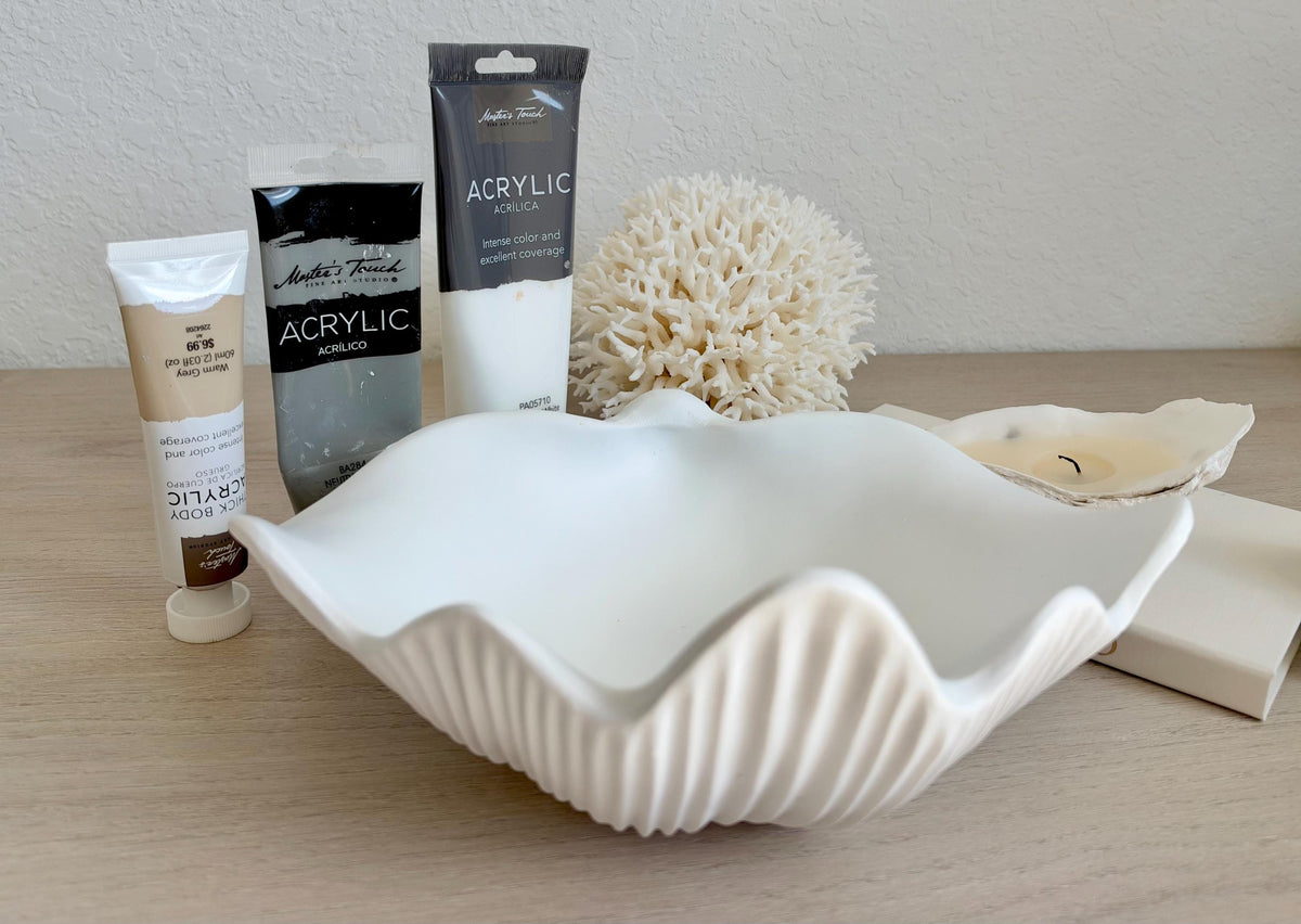 Custom Color Decorative Clam Shell Bowl, 10.5" White or Aged Oyster Grey