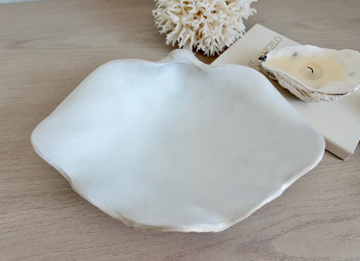 Custom Color Decorative Clam Shell Bowl, 10.5" White or Aged Oyster Grey