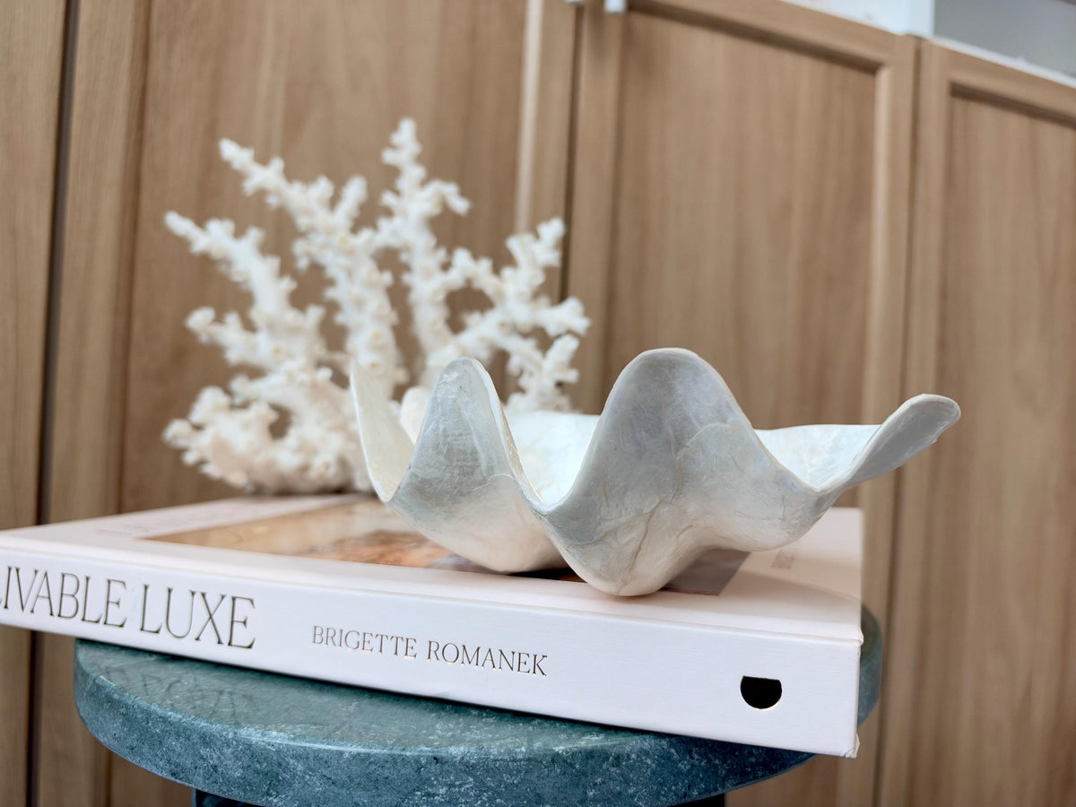 Capiz Clam Shell Bowl 8"x4"x3" Scalloped Edge Dish Seashell Ivory Coastal Home Décor