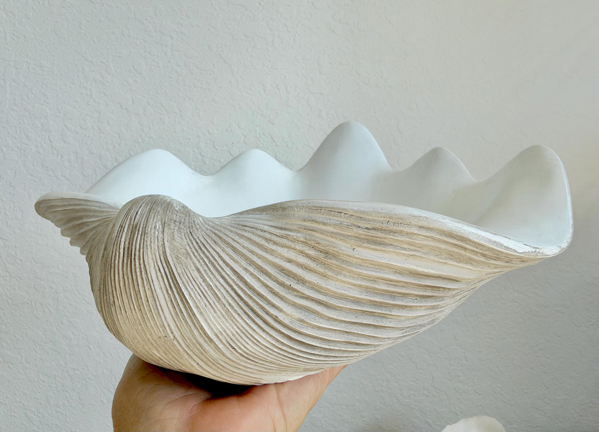Custom Color Decorative Clam Shell Bowl, 10.5" White or Aged Oyster Grey