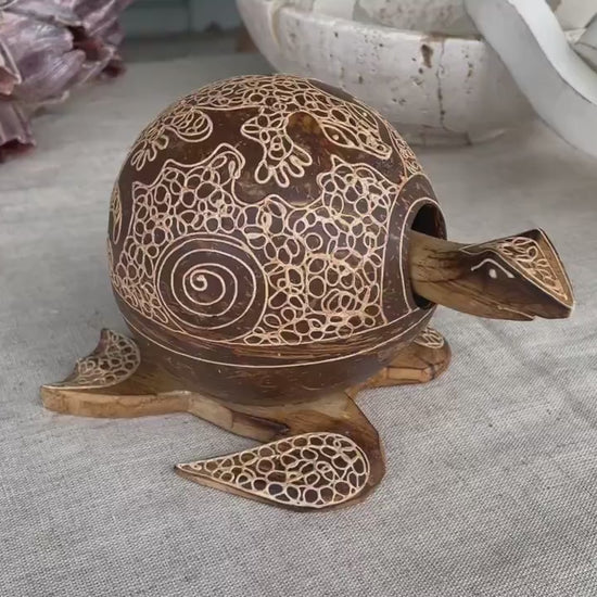 TURTLE LOVERS Handmade Carved Coconut Shell Bobbing Bobble Head Coastal Beach Gift Natural & Eco Friendly Kids Toy Organic Sustainable Décor