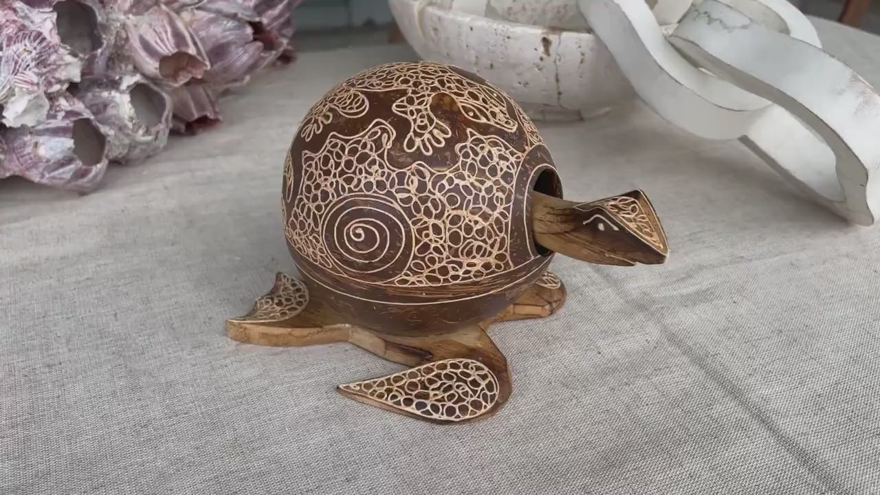TURTLE LOVERS Handmade Carved Coconut Shell Bobbing Bobble Head Coastal Beach Gift Natural & Eco Friendly Kids Toy Organic Sustainable Décor