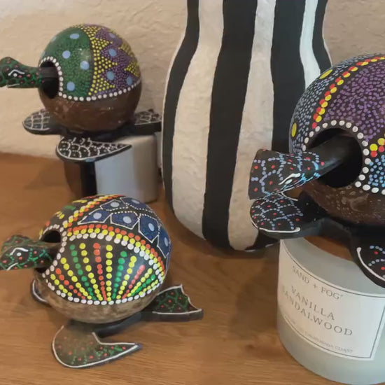 Colorful TURTLE LOVERS Handmade Carved & Painted Coconut Shell  Bobble Head Coastal Beach Gift Natural Kids Toy Organic Sustainable Décor