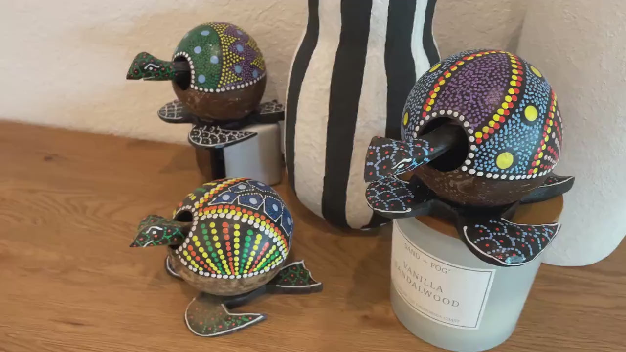 Colorful TURTLE LOVERS Handmade Carved & Painted Coconut Shell  Bobble Head Coastal Beach Gift Natural Kids Toy Organic Sustainable Décor