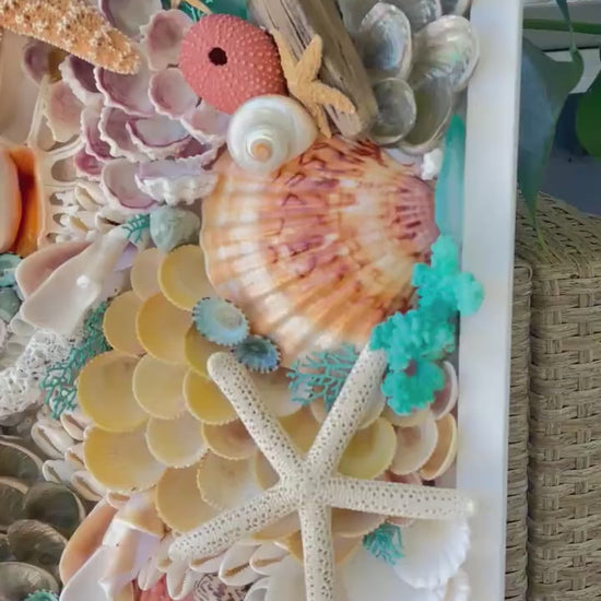Seashell Collage Wall Art: Handmade 3-D Coastal Décor (12x36") Coral, Turquoise, White