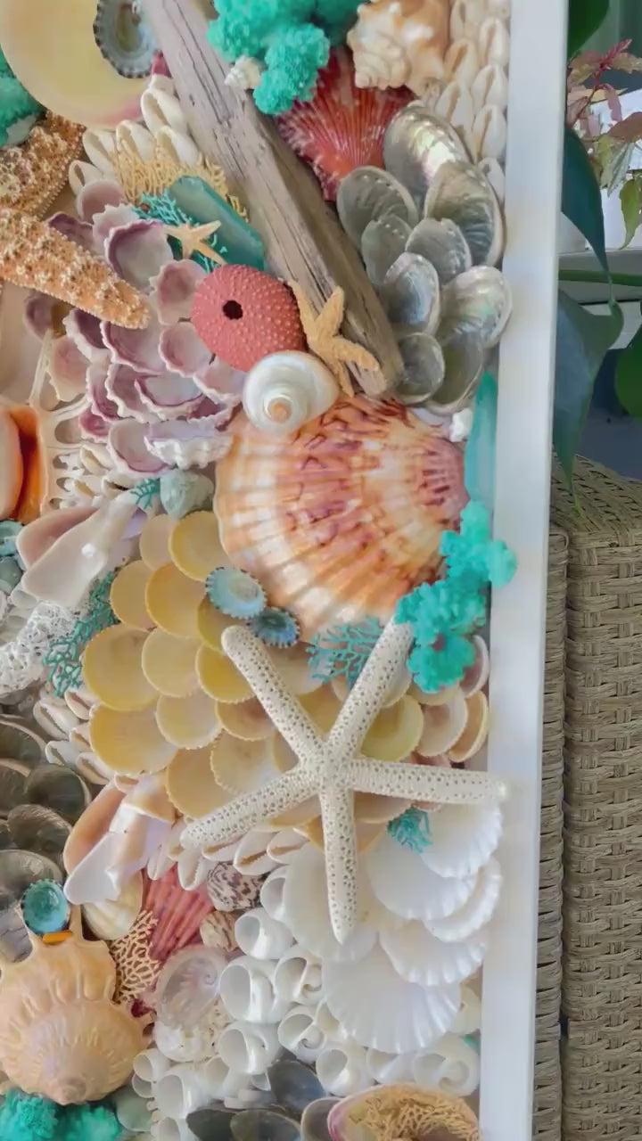 Seashell Collage Wall Art: Handmade 3-D Coastal Décor (12x36") Coral, Turquoise, White