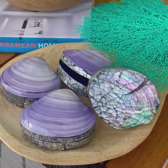 Coastal Gift Box Purple Clam Mermaid Shell Irredescent Seashell Jewelry Box Trinket Dish 3.5" Beach Décor Mother of Pearl Abalone